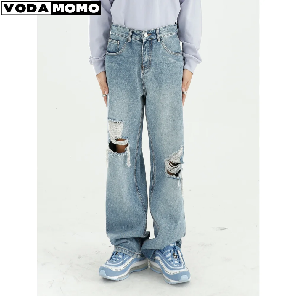 

Loose Ripped Jeans Light Blue Baggy Straight Denim Pants Men's Korean Fashion Jeans Trousers jeans for men denim fall guys