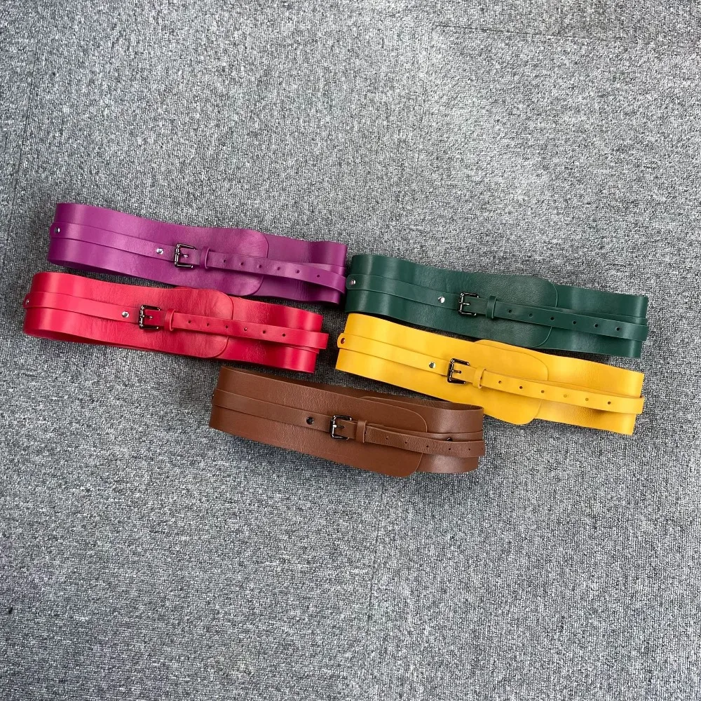 

2025 Spring Autumn New Genuine Sheepskin Belt Women Adjustable Metal Buckle Wide Waistband Multi Color