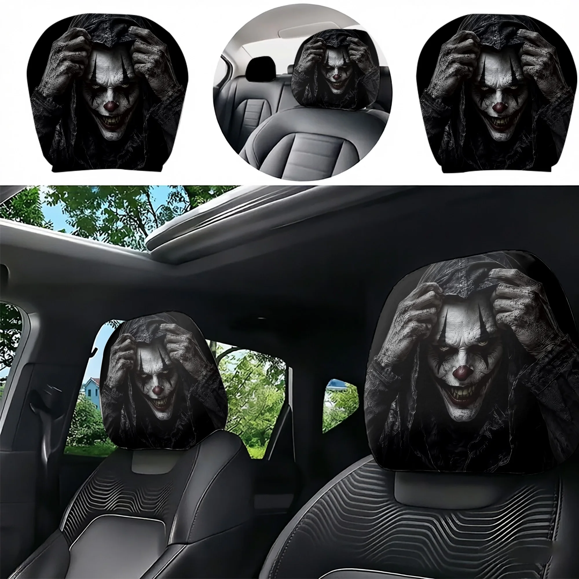 2pcs Scary Clown-Patterned Car Headrest Covers—bring a bold Gothic style to your car’s interior. Filling not included. Easy to i