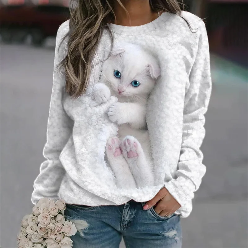 Sweat à capuche blanc imprimé chat mignon pour femme, décontracté, épissage à col rond, manches longues, animal 3D, automne, 2023