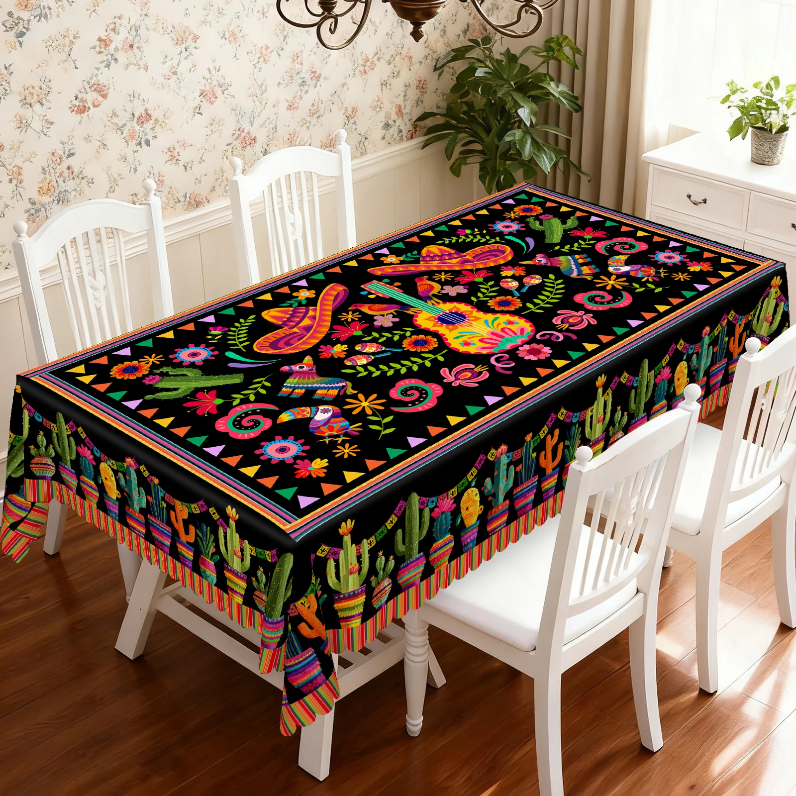 Vibrant Mexican Ethnic Style Tablecloth, Bright Colors, Cactus, Cute Parrot, Guitar, Hat, Floral Print, Embossed Edges, Waterproof, Wrinkle-Resistant, Fade-Resistant, Round or Rectangular Options Available, Suitable for Indoor and Outdoor Dining in Spring, Summer, Autumn, and Winter, Ideal for Home, Kitchen, Restaurant, Terrace, Courtyard Use, Buffet Outdoor Parties and Camping, Perfect Gift Mexico 4