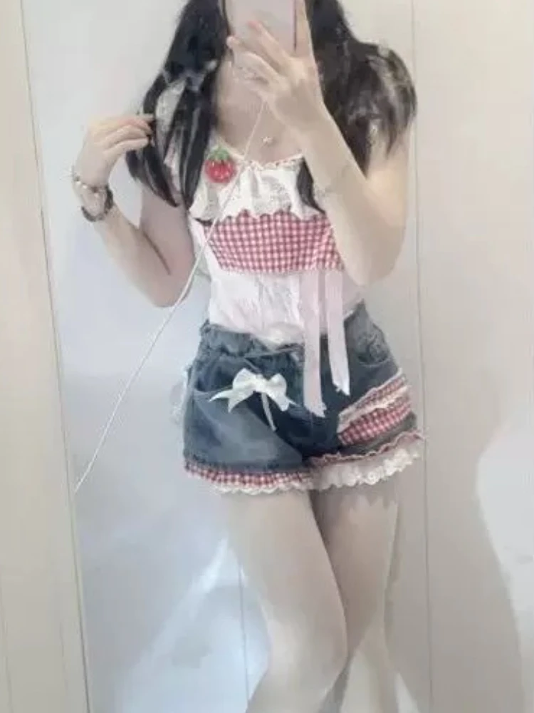 

Japanese Cute Sweet Sexy 2 Piece Set Women Lace Stitching Bow Suspender Top Denim Shorts Pants New Kawaii Hot Chick Summer Suit