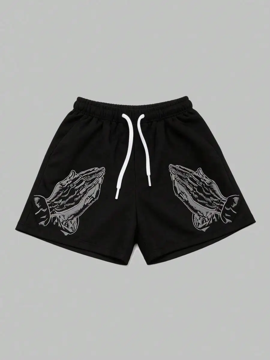 

Mens Praying Hands Print Casual Shorts Drawstring Waist Loose Fit