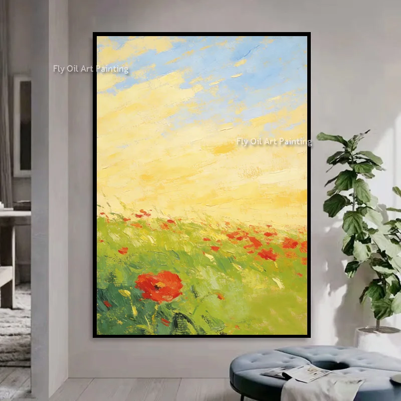 Handpainted Light Green Yellow Grass Land Red Flowers Oil Painting On Canvas New Popular Landscape Home Wall Art Decor Items