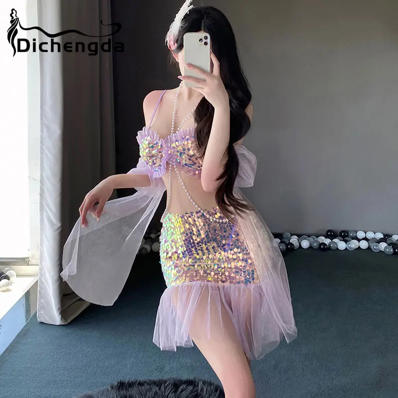 

Dichengda Girls Sexy Cute Mermaid Princess Cosplay Women Adorable Anime Wedding Fancy Dress Female Bathing Suit Halloween Dress