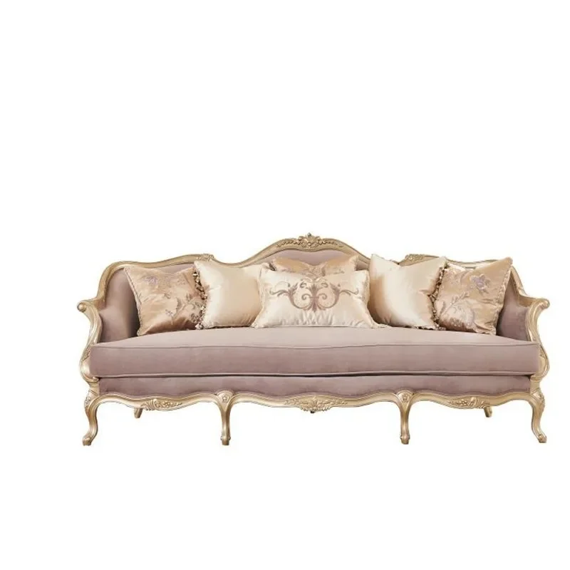 Golden velvet sofa, model house villa three-person carved sofa coffee table