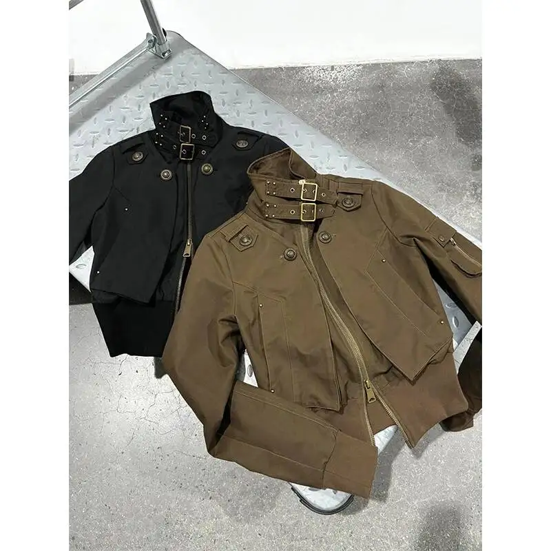 

Cropped Black Jacket Women Vintage Stand Collar Coat Autumn Grunge Long Sleeve Zipper