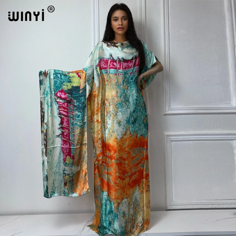 WINYI 2024 New African Women Dashiki boho print muslim woman dubai Free Size Design With Scarf Maxi Loose African Elegant Dress