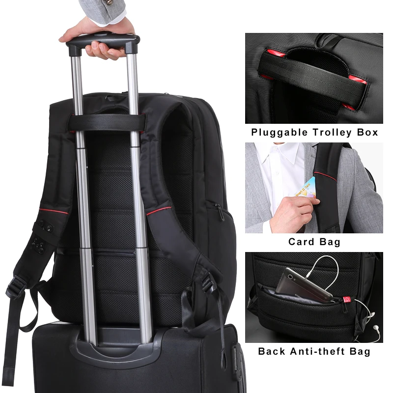 Kingsons Mochila impermeable para ordenador portátil de 15,6 "y 17,3", bolsa de viaje de negocios antirrobo multicapa, carga USB para estudiantes