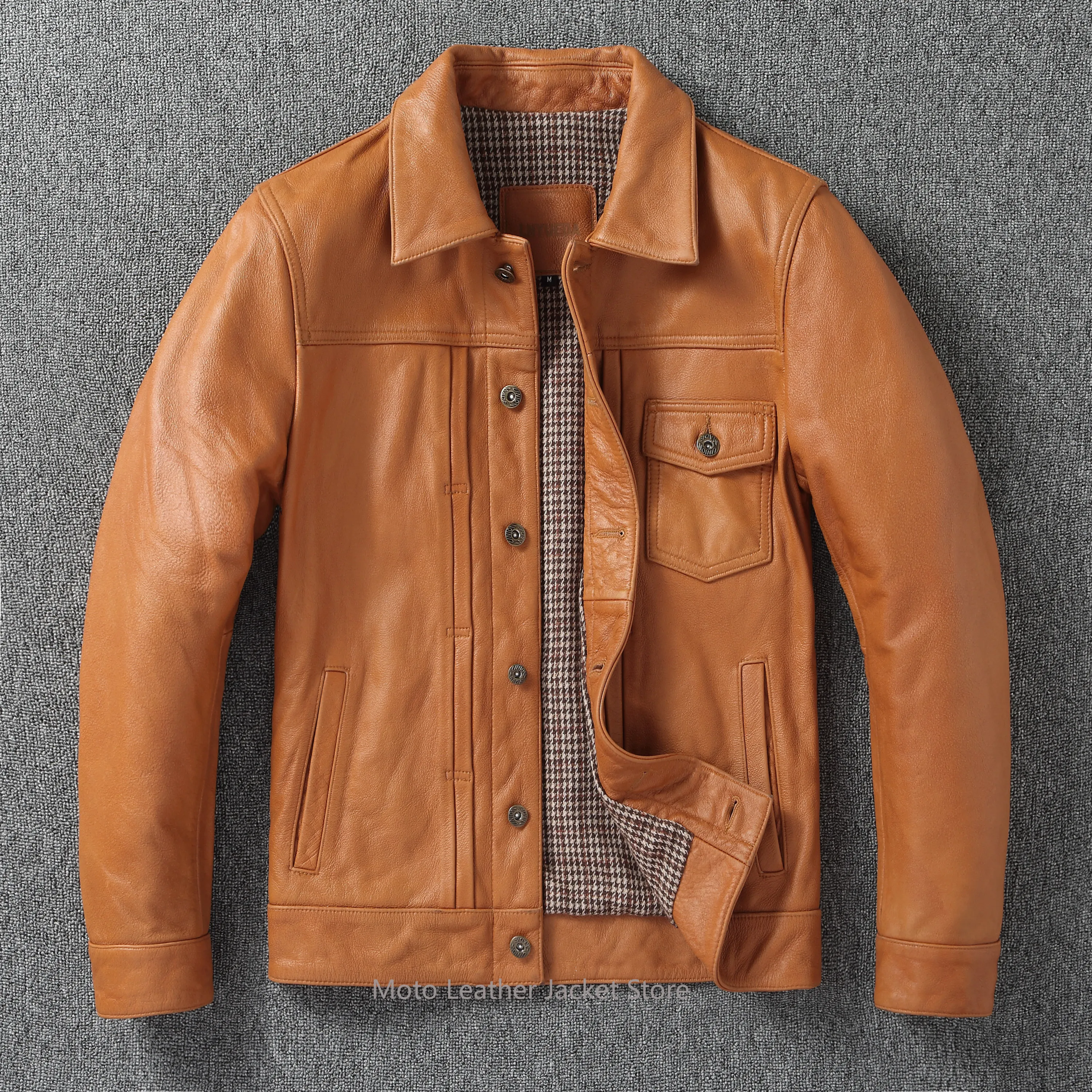 

Классическая кожаная куртка 506 Workwear для мужчин, оранжевая, из состаренной кожи первого слоя, приталенная, короткая, байкерская, из натуральной воловьей кожи