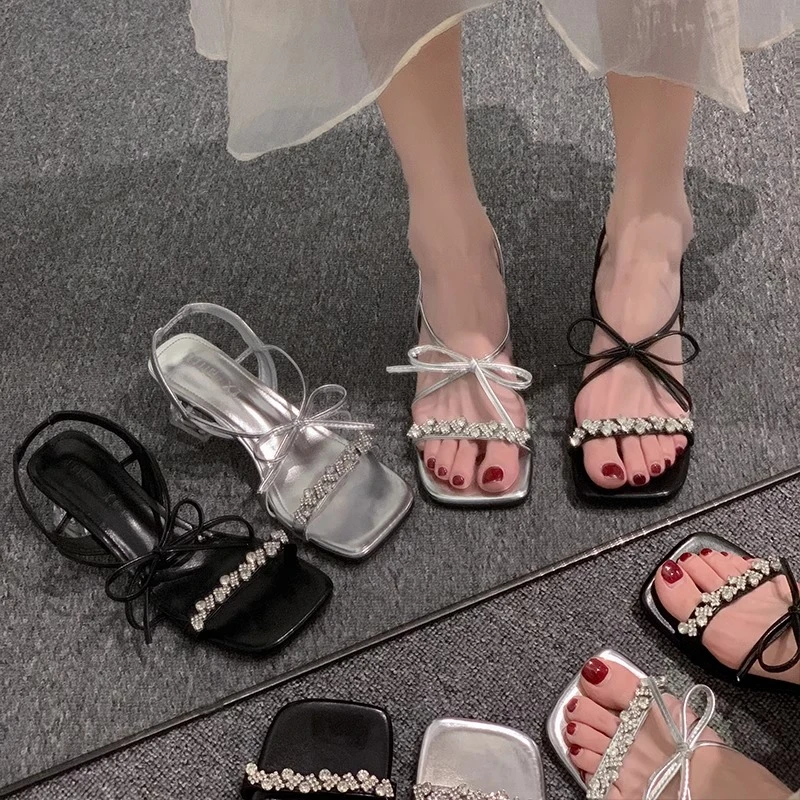 5 سنتيمتر عارية صنادل عالية الكعب 2026 جديد أنيق ساحة رئيس الجانب فارغة رقيقة الفضة حزام المفتوحة تو الصنادل المرأة الصيف المطاط وحيد #1