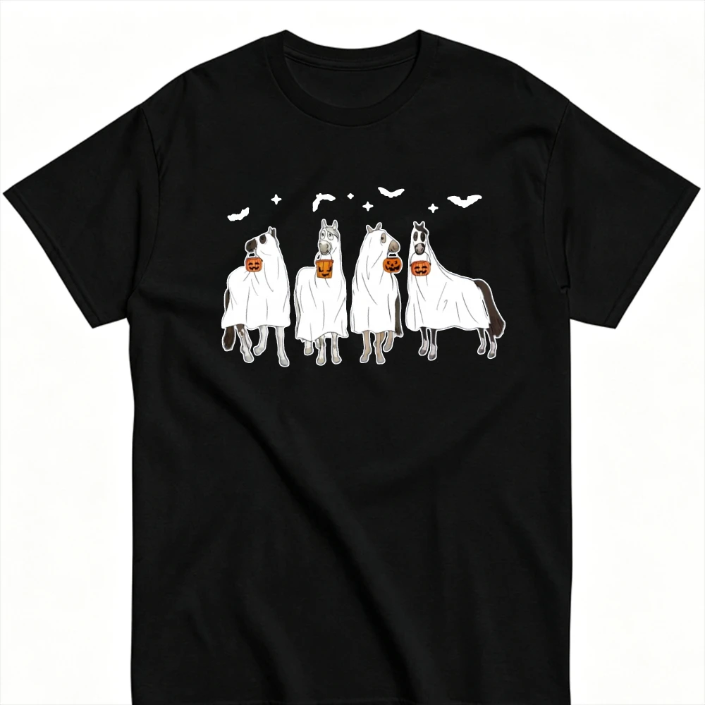 Halloween Ghost Horse Graphic T‑Shirt Cute Horses Dressed in Ghost Sheets Holding Pumpkin Candy Bags Bat Star Spooky Casual Tops