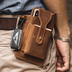 New Genuine Leather Mobile Phone Bag Men's Retro Multi functional Waist Bag Crazy Horse Leather Male Waist Hanging Bag