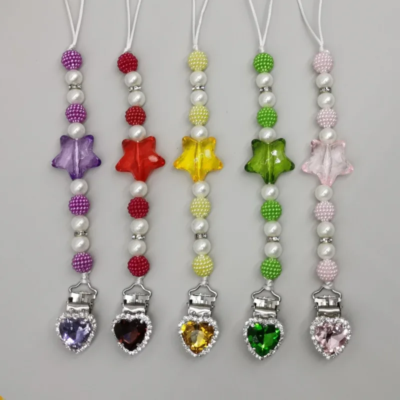 1 Piece New Creative Design Baby Pacifier Clip Retro Shiny Heart Rhinestone European Nipple Chain Clip Infant Anti-drop Chain
