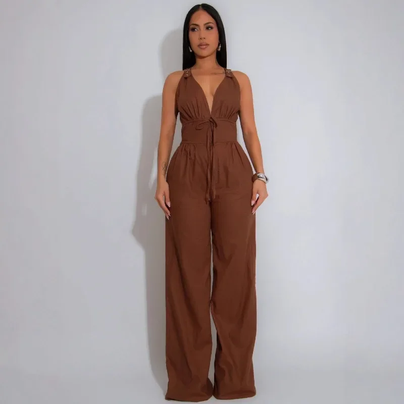 

GUWU женские комбинезоны без рукавов с v-образным вырезом и рюшами, широкие длинные комбинезоны, лето 2025, пикантные вечерние пляжные модные уличные комбинезоны