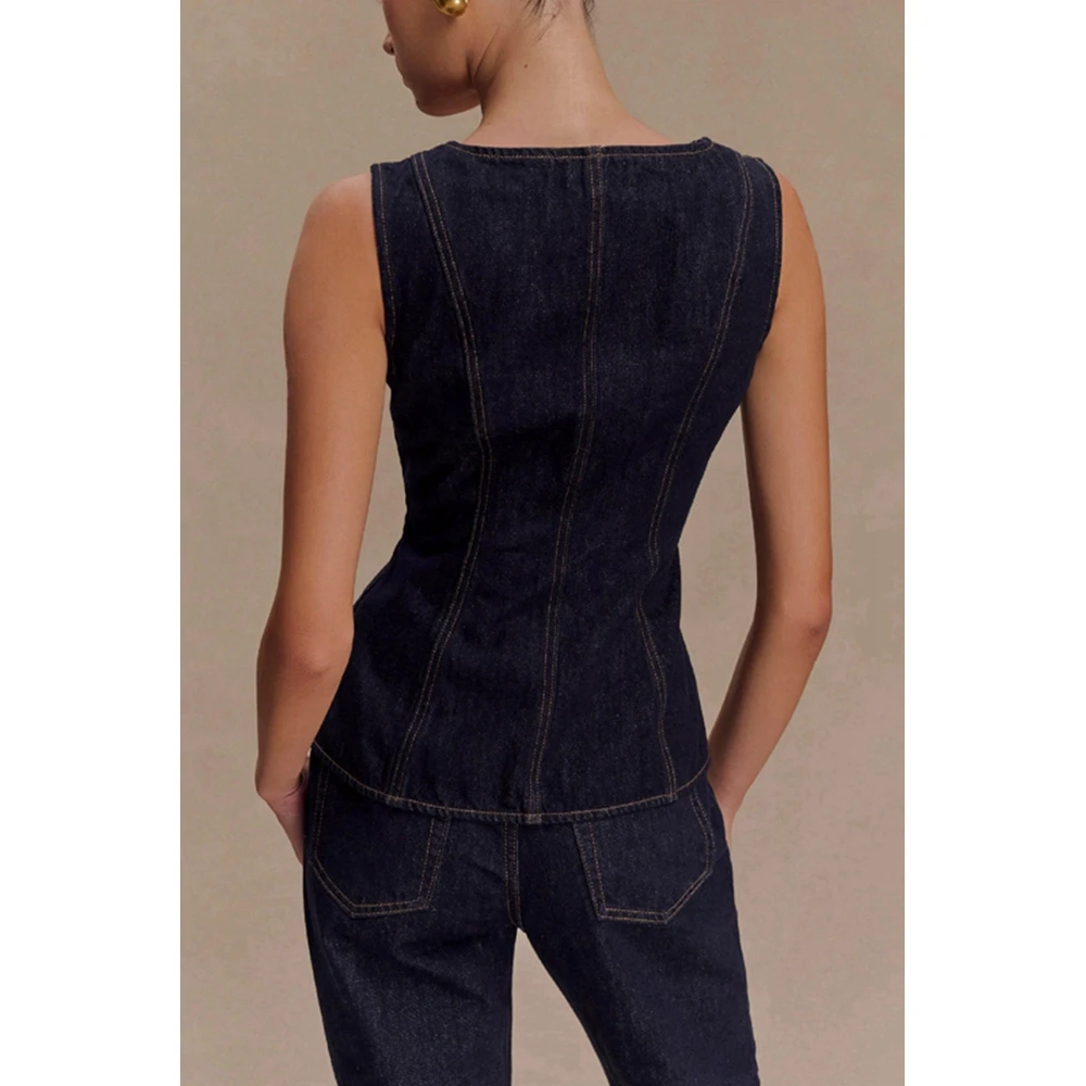 Women Fashion Sleeveless Denim 2 Pieces Set Femme Casual Elegant Pants Suits Summer Wide Strap Vest Top & Pants Sets
