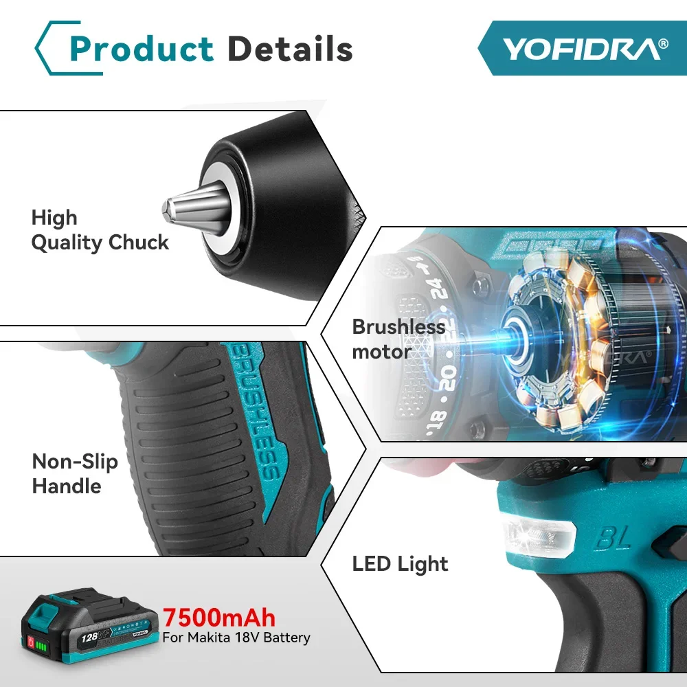 YOFIDRA 2 in1 Brushless ไขควงไฟฟ้าค้อนสว่านไร้สาย Impact มัลติฟังก์ชั่นเครื่องมือสําหรับ Makita 18V แบตเตอรี่