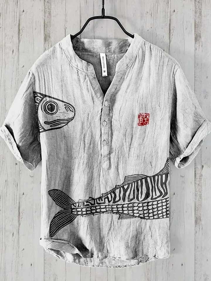 Camisa hawaiana de manga corta, camisa informal holgada con estampado artístico de peces pequeños, impresión digital 3D, 2024