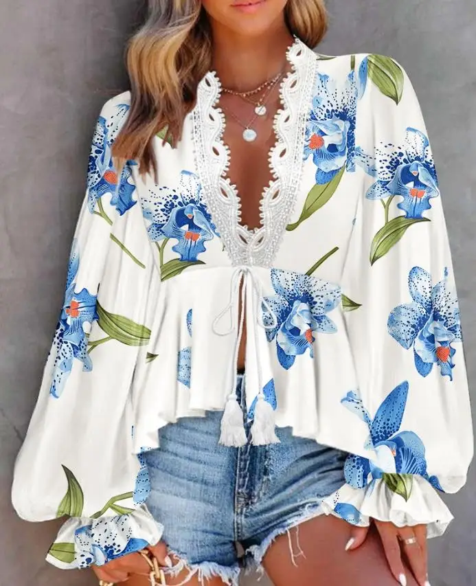 

Woman Blouse 2025 Spring Floral Print Deep V-Neck Contrast Lace Flare Sleeve Bow Tie Front Blouse Casual Ruffle Hem Loose Top