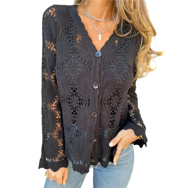 

НОВИНКА — топ с длинными рукавами и v-образным вырезом на пуговицах, полый кардиган с половиной рукава