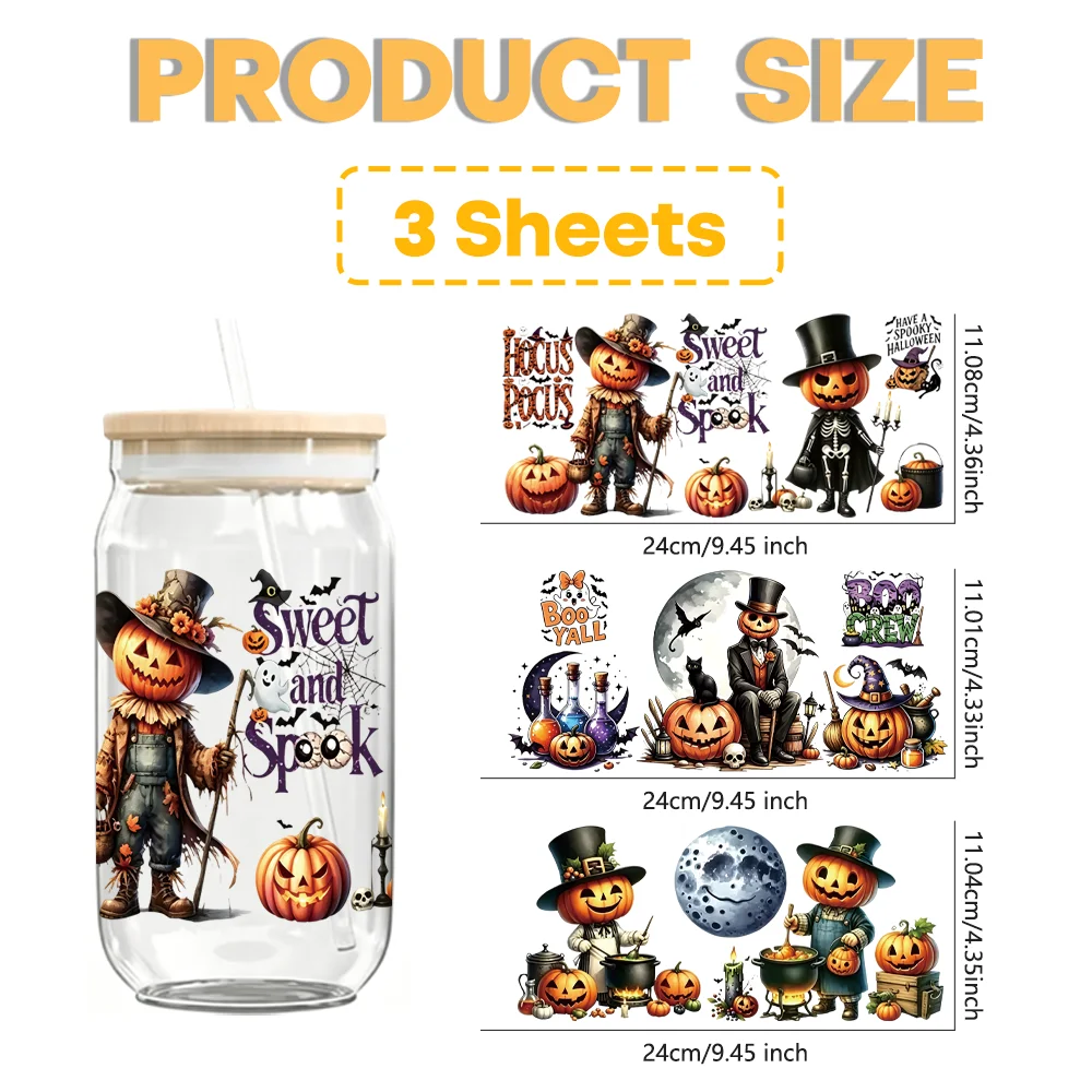 3 Styles Halloween UV DTF Stickers, HD Moon & Magic Crystal Label Transfer Decals for Tumblers, Notebooks, Laptops & Phone Cases