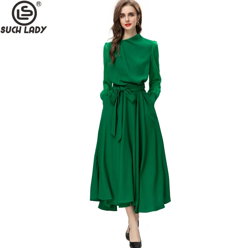 

Women's Runway Dresses O Neck Long Sleeves Lace Up Waist Ruched Fashion Designer High Street Vestidos Prom