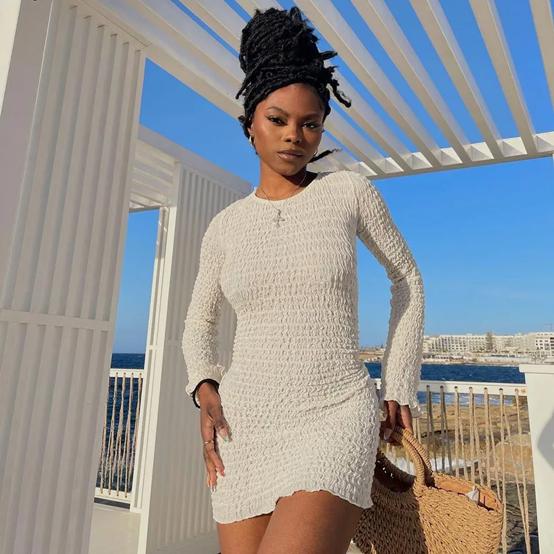 Women Long Sleeve Bodycon Mini Dress Round Neck Open Back Tie Bohemian Outfit For Beach Party Vacation Daily Casual Evening Wear