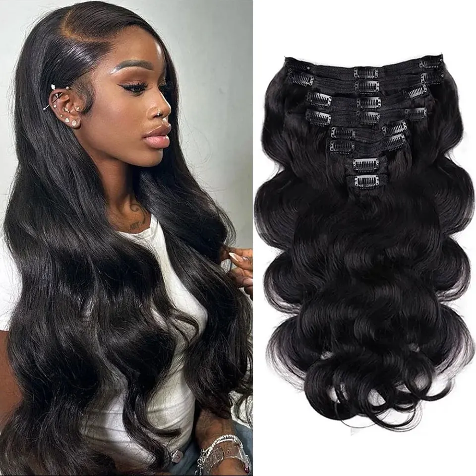 Body Wave Clip In Human Hair Extensions Full Head Brazilian Virgin Hair Clip on Hair Extension for Women 8 Pcs/Set 120Gram Weft