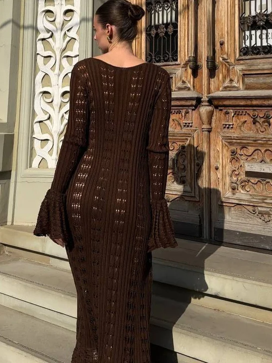 Lange gestrickte Jaet Damen Bell Sve Hollow Out Design Faionable Übergroße Strickjacke Strickwaren Frühling Herbst Saisonale Kleidung