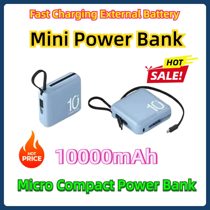 10000mAh Fast Charging External Battery Mobile Phone Accessories Mini Power Bank Built-in Cord Portable Micro Compact Power Bank