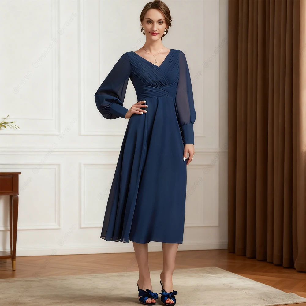 Simple Tea Length Chiffon Mother of Bride Dresses Strapless Full Sleeve Wedding Party Gown Pleat 2025 Summer Vestido De Noche