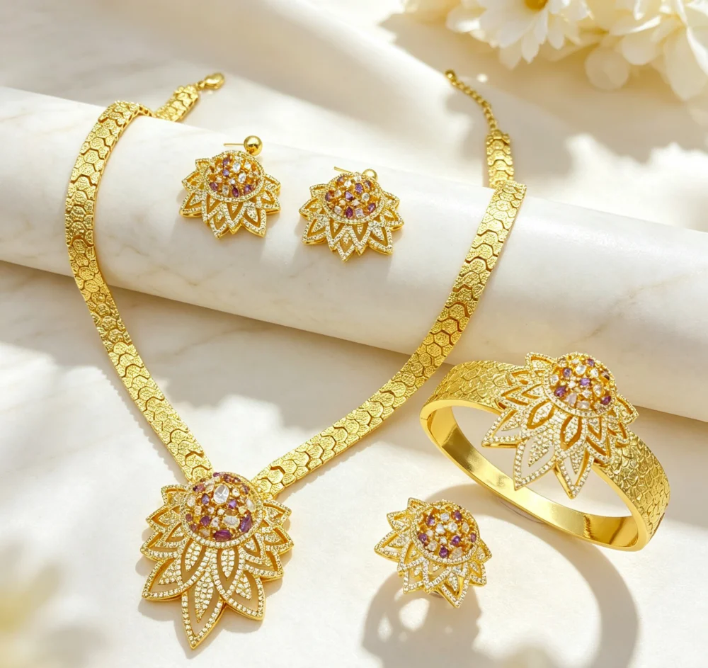 Flora Gold Plated Copper Cubic Zirconia Women's Jewelry Set Sparkling Bracelet Ring Necklace Earrings Party Gift