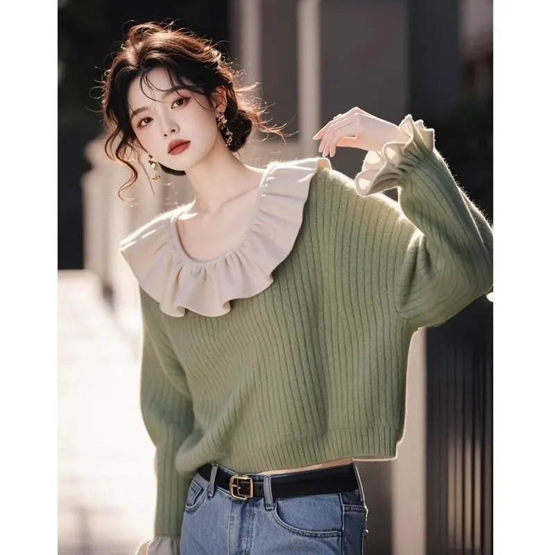 2020 Autumn Winter New Ruffle Leaf Splicing Sweet Versatile Knitted Pullover Loose Sweater Round Neck Long Sleeve Top