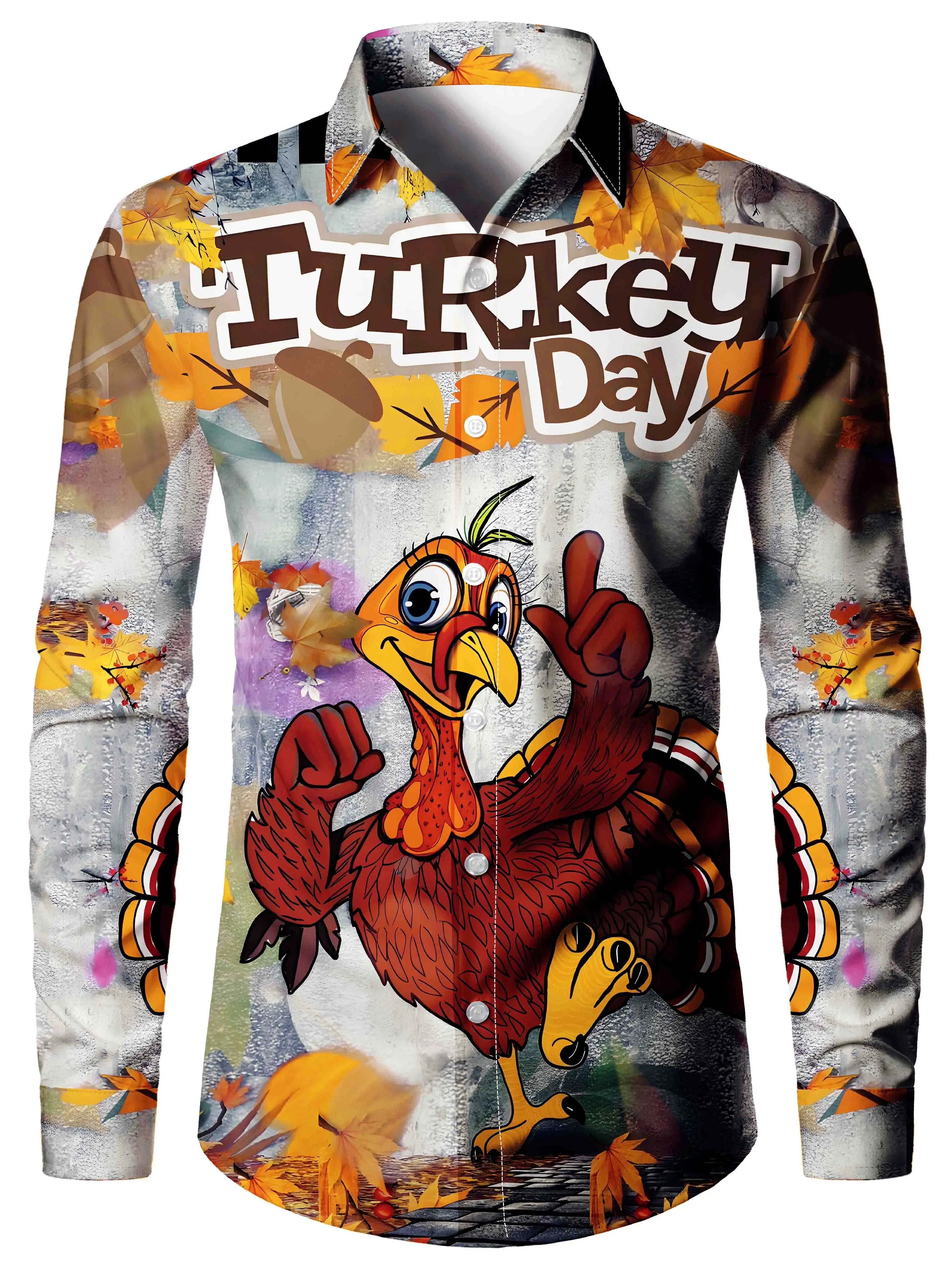 

Cartoon turkey and maple leaf pattern, men's stylish long sleeve button-down shirt, thanksgiving gift