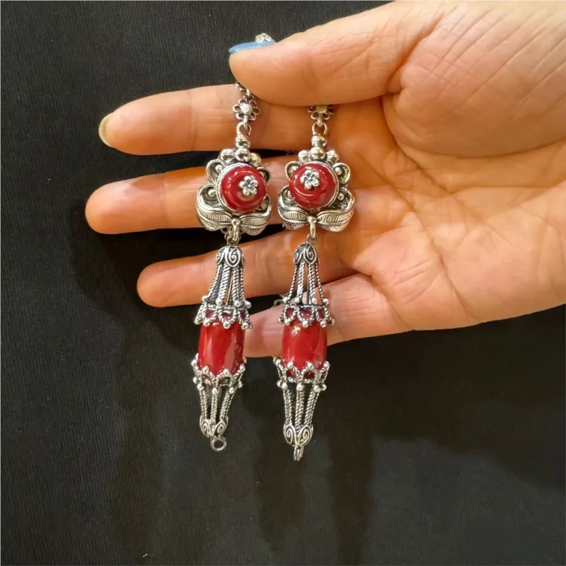 Tibetan Ethnic Style Elongated Earrings With Ear Line Luxurious And Colorfast Retro Style High-end Accessories