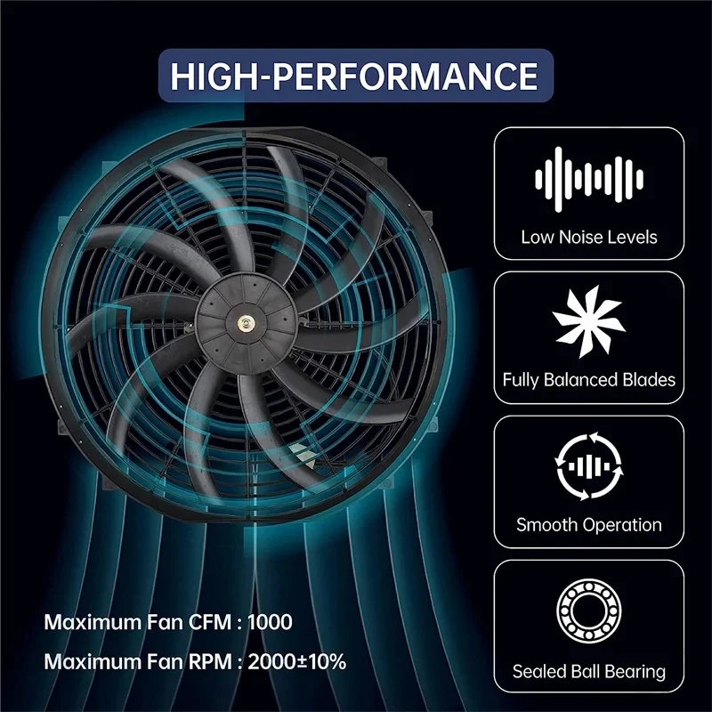 High Performance 2000RPM 16 Inch 120W 1000CFM DC 12V 24V Optional Universal Condensing Fan Slim Radiator Cooling Fan Mount Kit