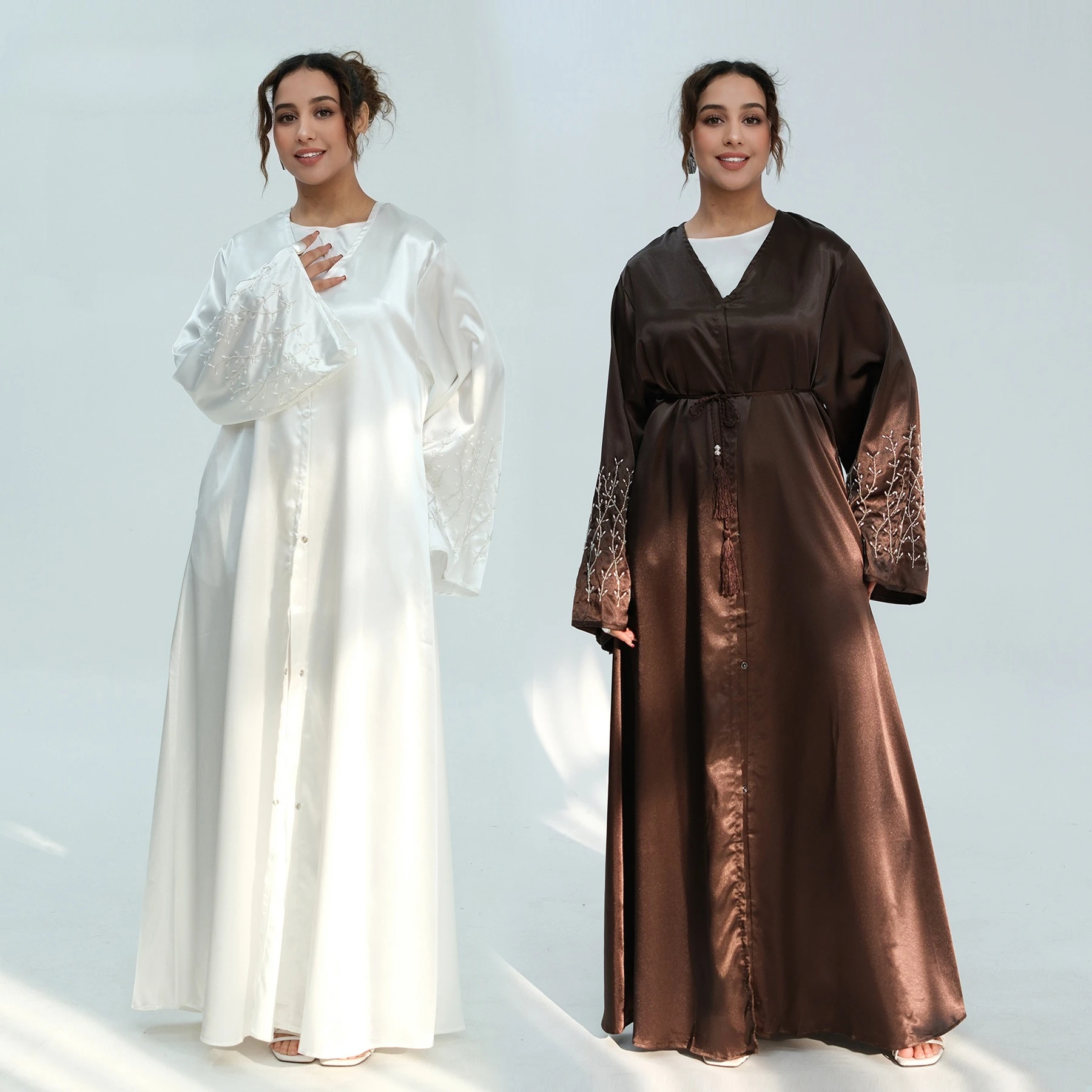 

Женская абайя на Ид с бисером на рукавах, мусульманский кардиган, джалабия, длинное платье для Рамадана, праздничный кафтан, арабская длинная роба, марокканский дубайский кафтан