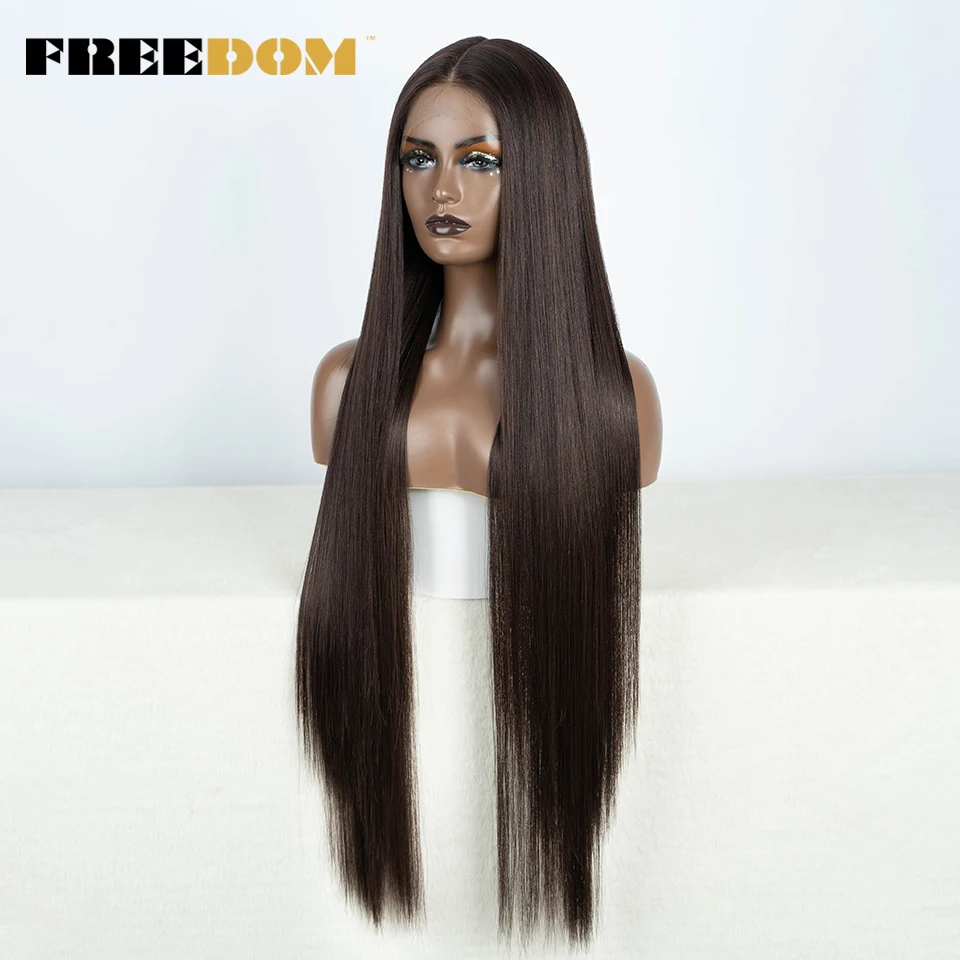 FREEDOM Gerade Synthetische Lace-Front-Perücke für Frauen 38 Zoll Lang Ombre Braun Rot Blond Highlight Lace-Frontal-Perücken Cosplay-Perücke – Detail 3