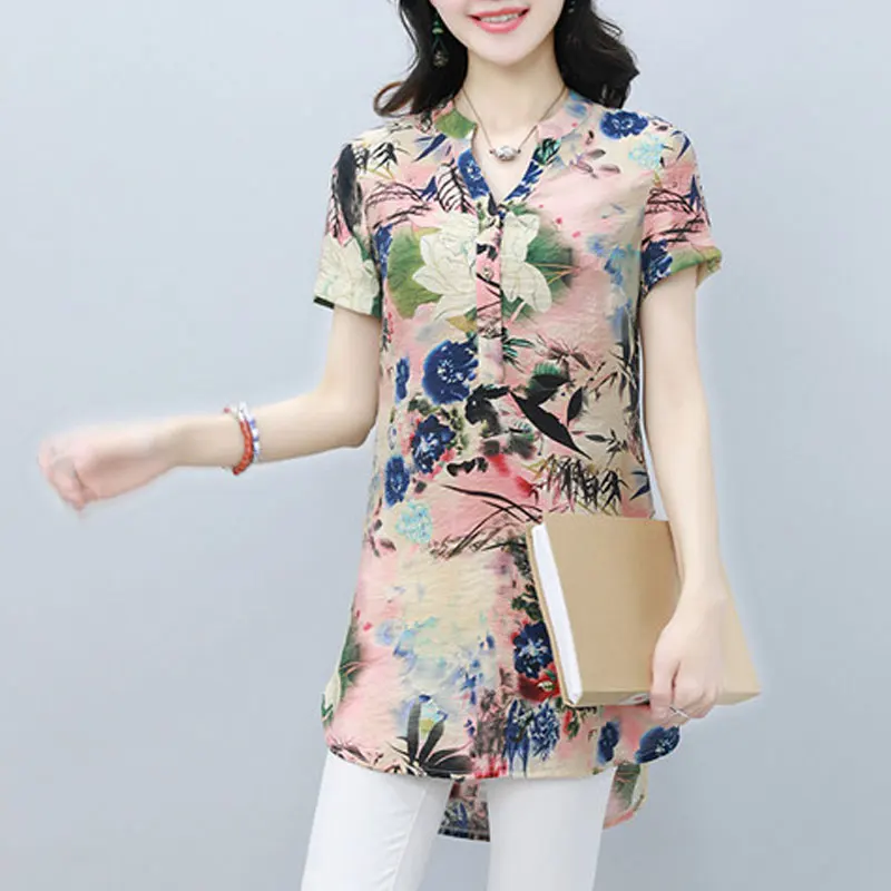 Women\'s Clothing Vintage Folk Printed Midi Shirt Commute Elegant V-Neck Summer Casual Spliced Short Sleeve Split Straight Blouse