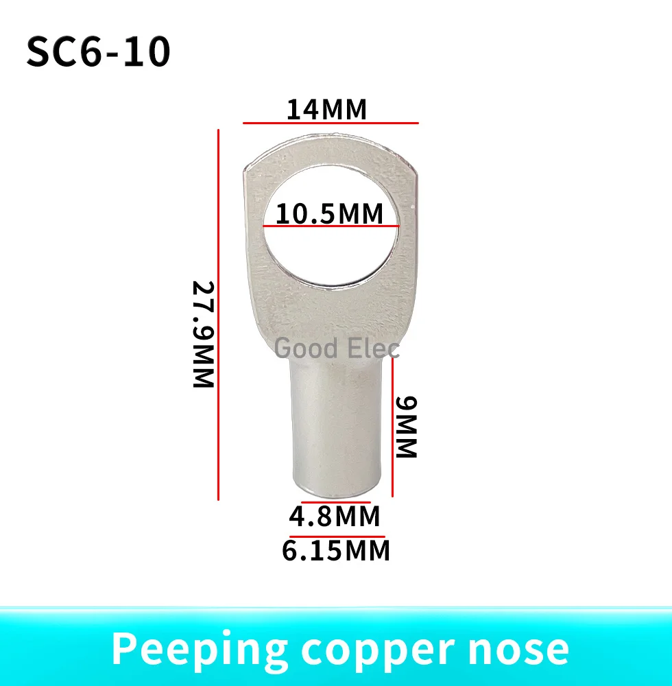 100PCS SC6-4 SC6-5 SC6-6 SC6-8 SC6-10 tinned copper 6mm bolt hole 6.0mm² cable lug battery connector crimping terminal