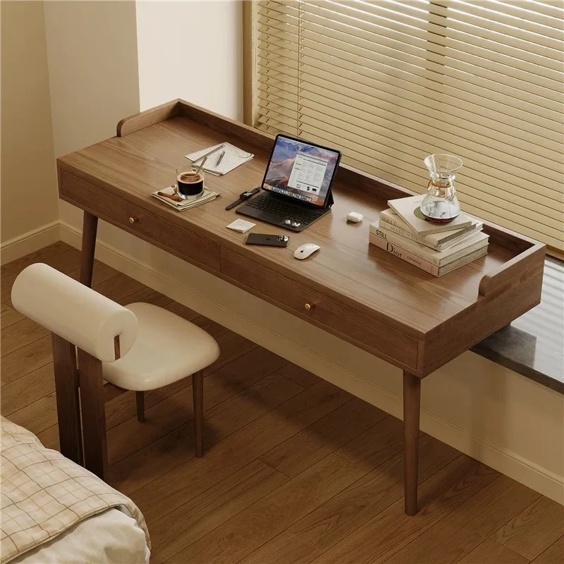 Solid wood bay window desk with drawers storage cabinet integrated high and low foot computer desk long and short leg