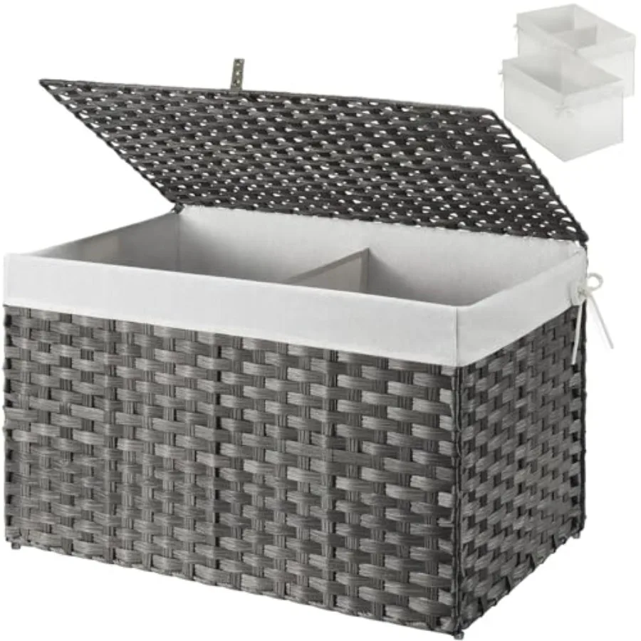 

Storage Basket with Lid, 27.7 Gallon 105L Lagre Wicker Blanket Storage Basket with Handles, Foldable, 2 Removable Ler Bags, Met