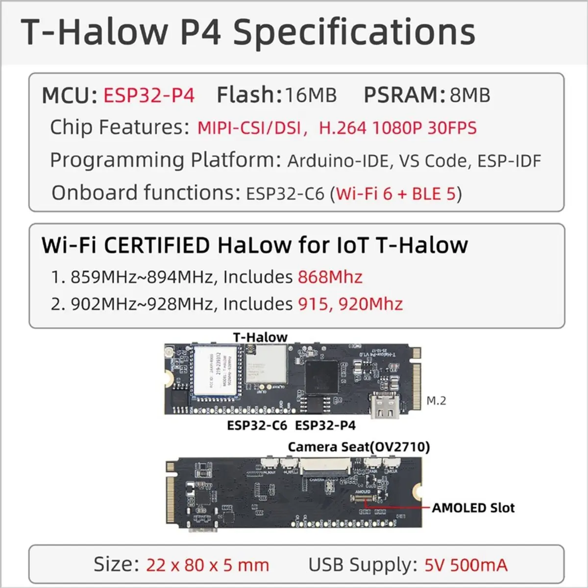 “QUALITY EXCELLE“T-Halow P4 -P4 WiFi HaLow Development Board -C6 M.2 IoT Module WiFi 6 BLE 5 Camera AMOLED 920MHz