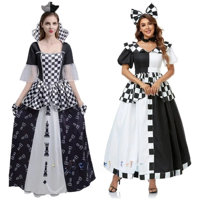 

Halloween Alice Princess Skirt Chess Board Queen Costume Checkered Pattern Women's Traditional Ethnic Stage Costume