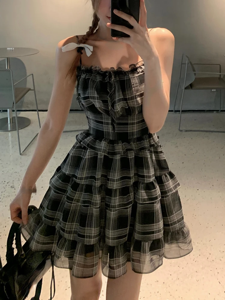 2023 Summer Sweet Sexy Plaid Strap Dress Women Kawaii Clothing Y2k Mini Dress Y2k Evening Short Party Dress Korean Fashion Chic