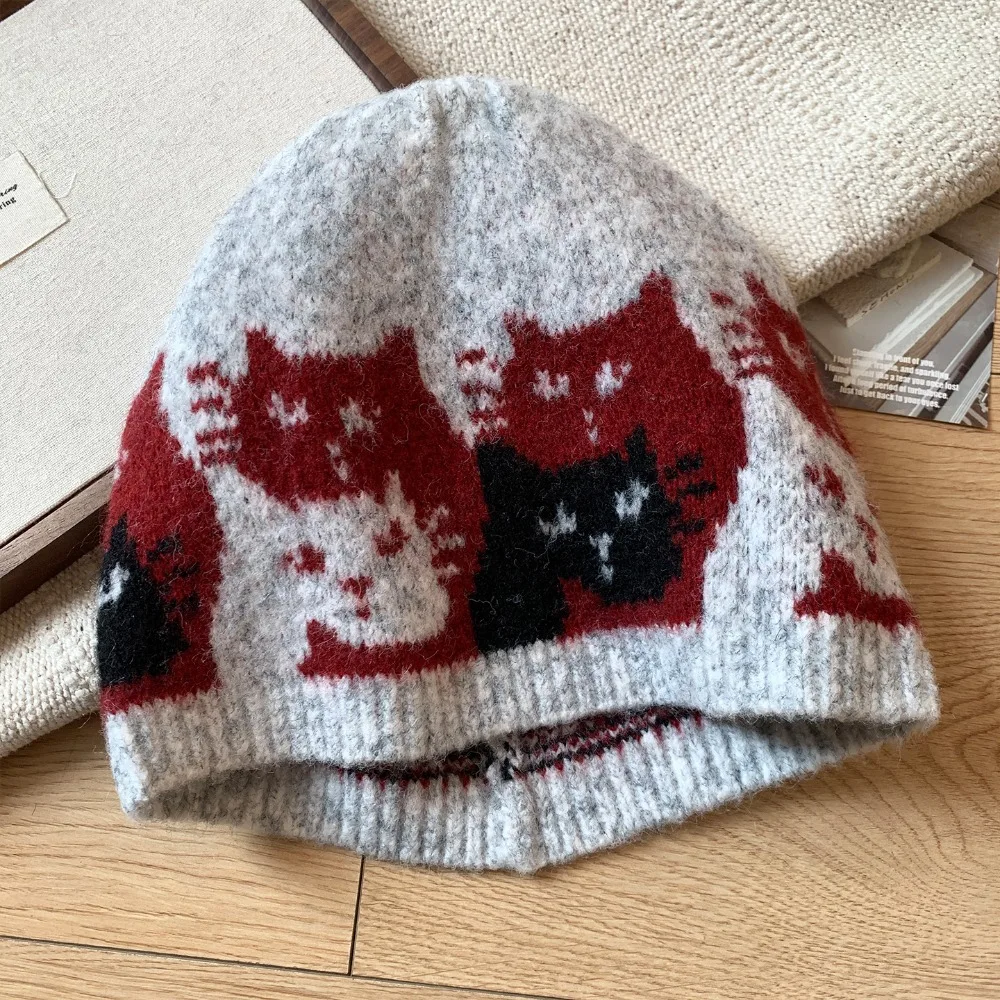 Retro Warm Jacquard Cat Knitted Hat Printed Fair Isle Style Jacquard Pattern Beanies Retro Vintage Printing Knit Cap Autumn