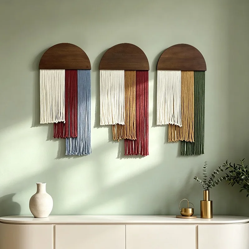 Tassels Wood Fringed Tapestry Cotton Thread Woven Wall Accents Semicircle Boho Home Hanging Decor Home Decoration Ornaments