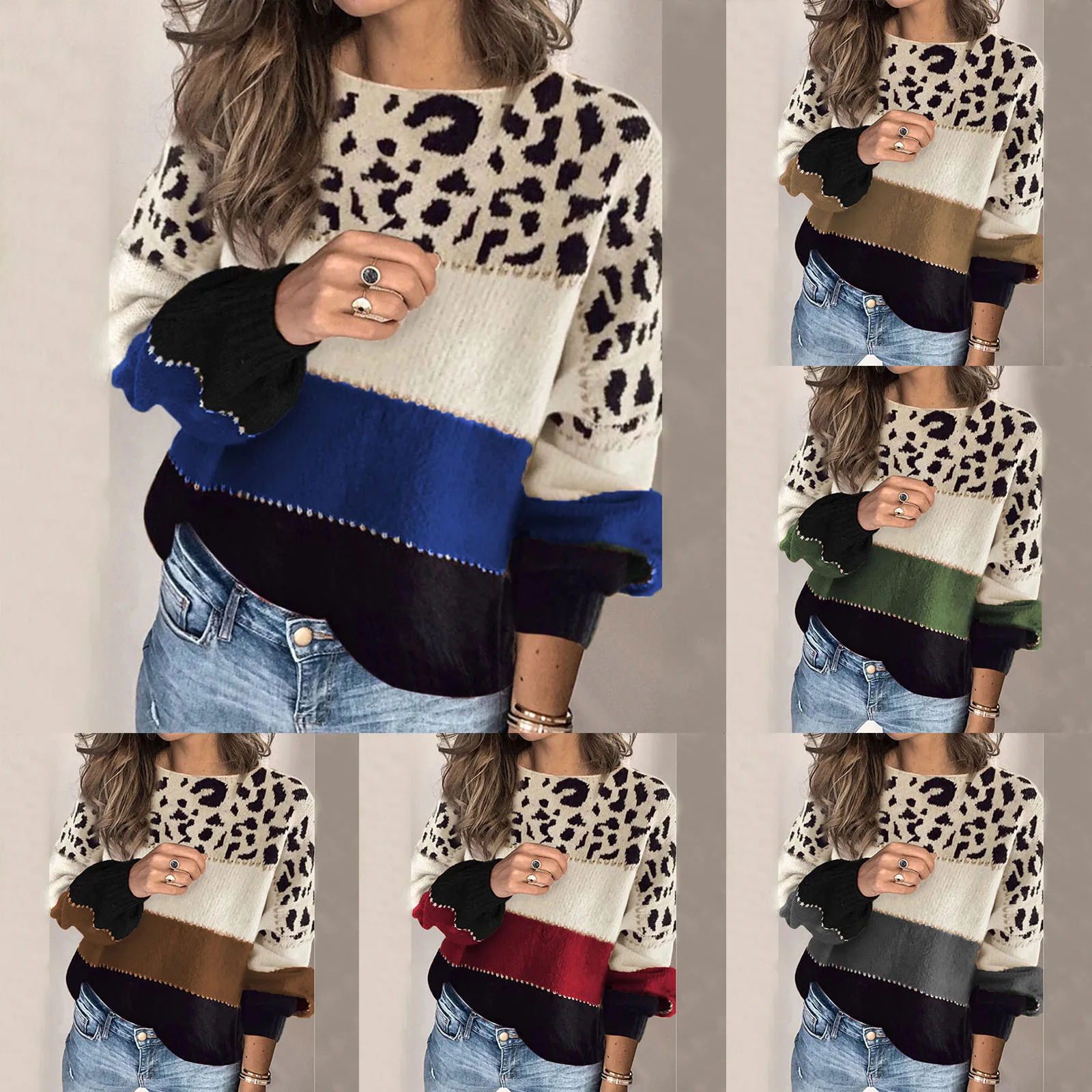 Winter Women's Sweater Color Leopard Print Knit Long Sleeve Top Korean 2024 Fashion Top Vintage Streetwear Oversized Pullover