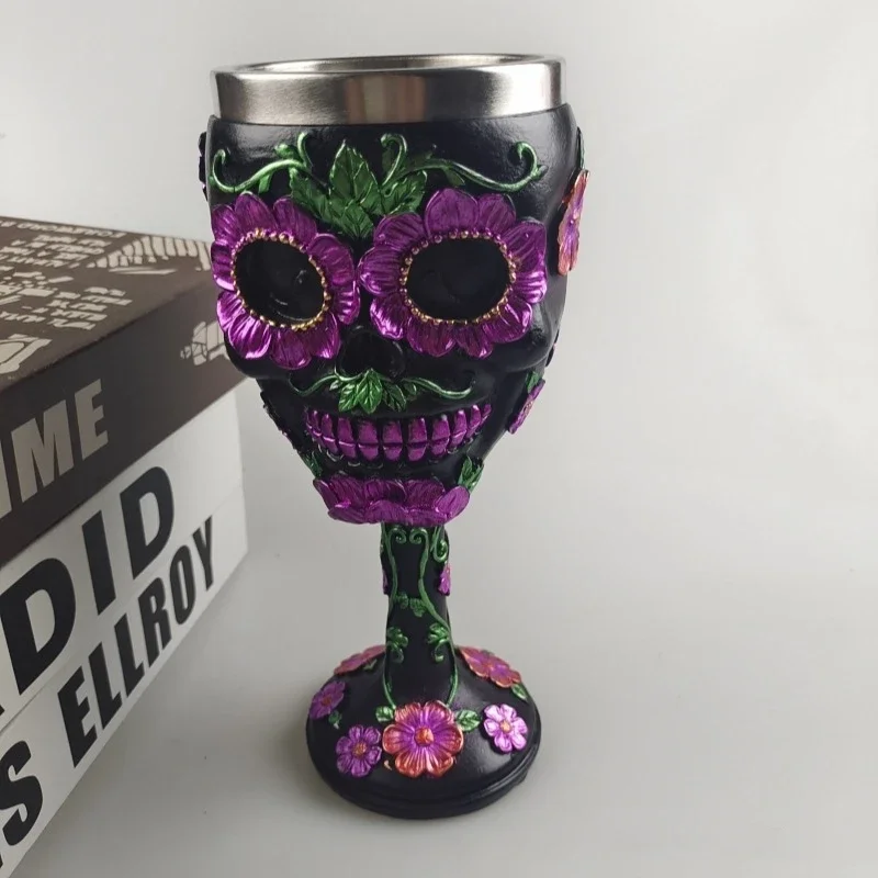 Purple Skull Flower Goblet Resin Steel Cup Creative Beer COFFEE Mug Gothic 3D Wine Glass Mugs Halloween Gift Death Day 200/400ML