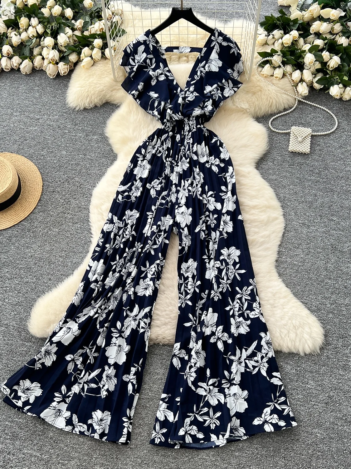

Ele Floral Print One-Piece Pants Women's Summer Deep V-Ne Waist-Cinching Design Sister Bell Bot High Waist Long Pants